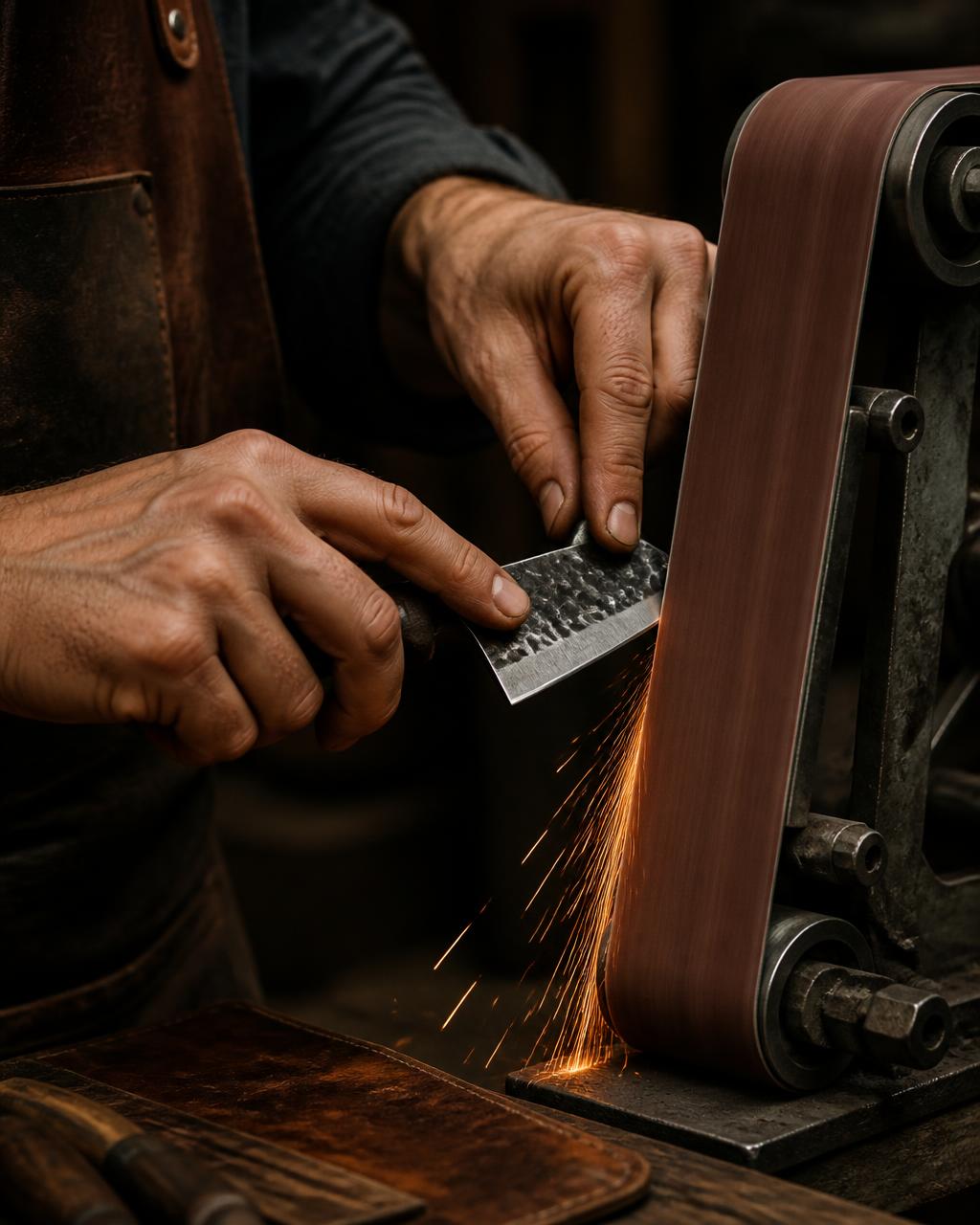 Blade being carefully finished on a workshop grinder
