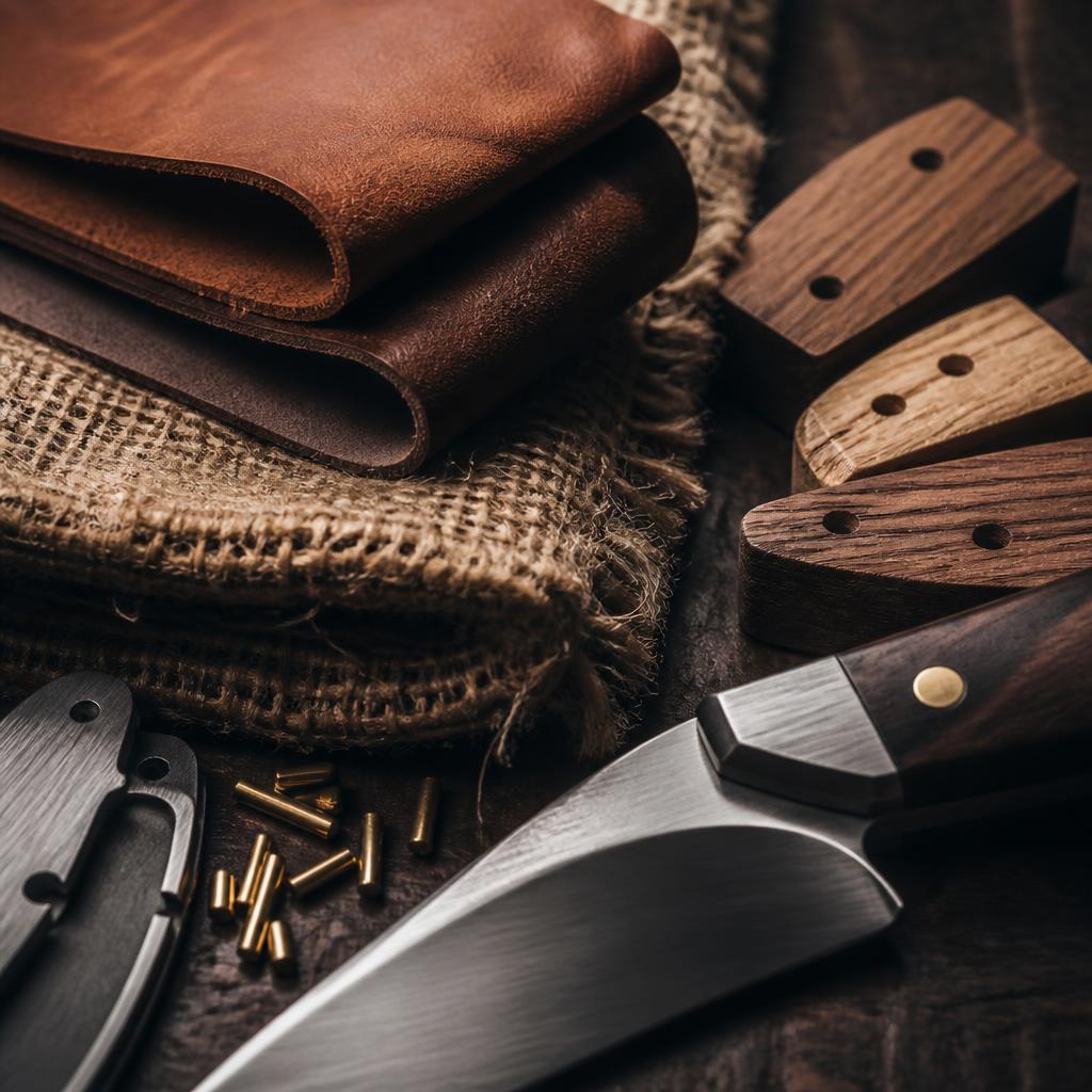Leather, timber scales and brass pins on a knife maker's bench