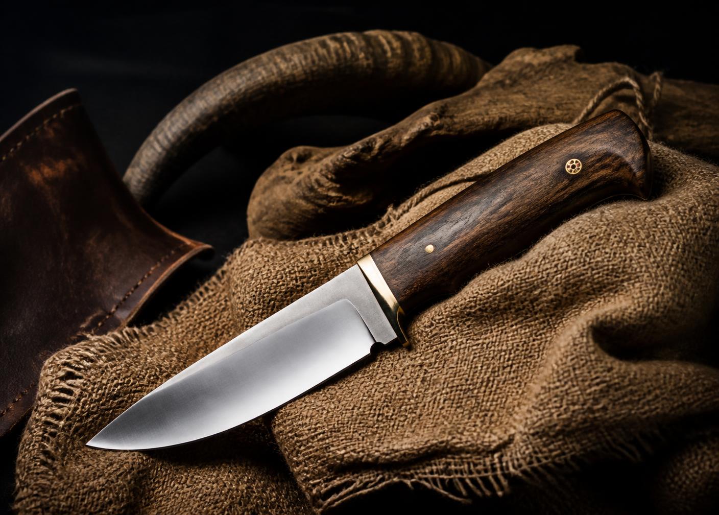 Finished handmade knife resting beside its leather sheath