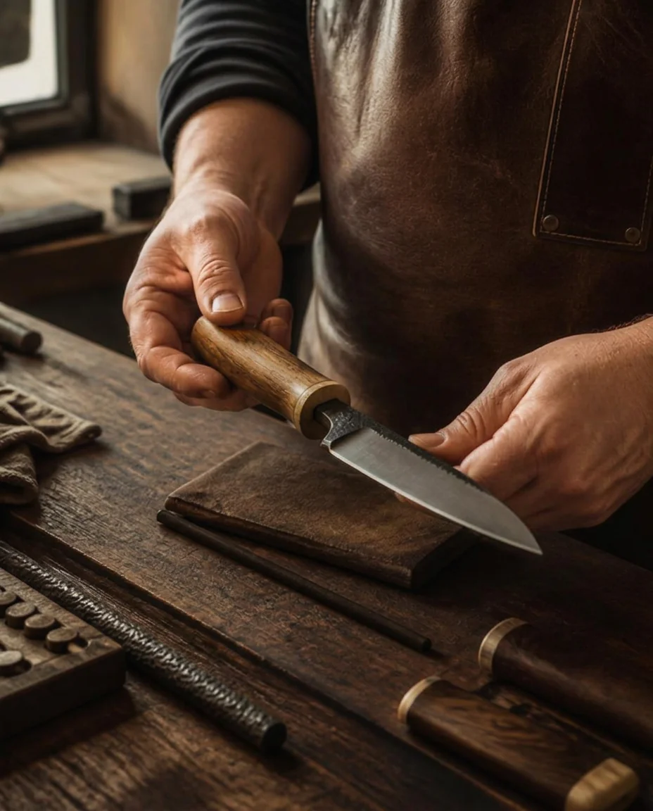 Craftsman fitting a timber handle to a handmade knife